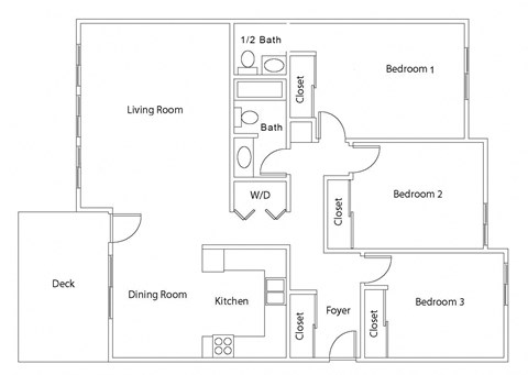 Floor plan for 3 beds, 1.5 baths, 1300 sqft
